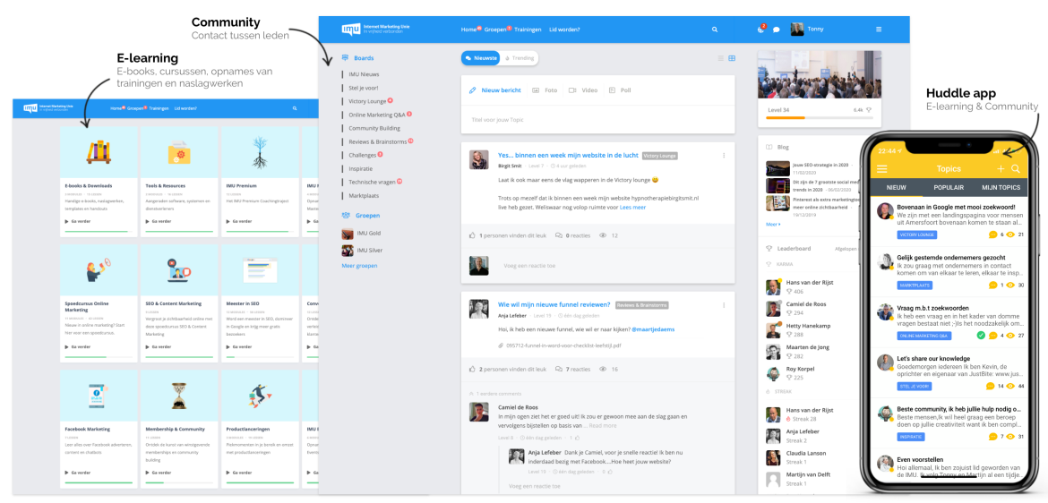 Schermafbeeldingen van de Huddle-omgeving: een overzicht met cursussen op een computerscherm, en dezelfde omgeving op een telefoon