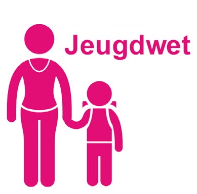 Een roze pictogram van een volwassene die een kind bij de hand houdt, met het woord Jeugdwet ernaast
